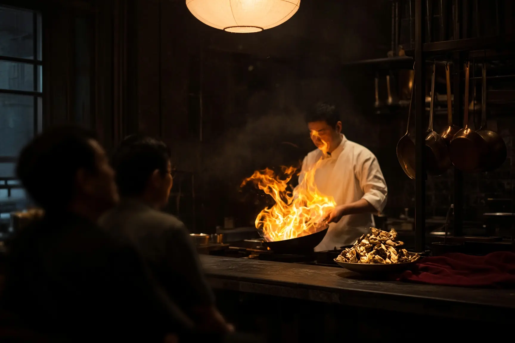 A chef working at the restaurant counter amid wok flame and steam.