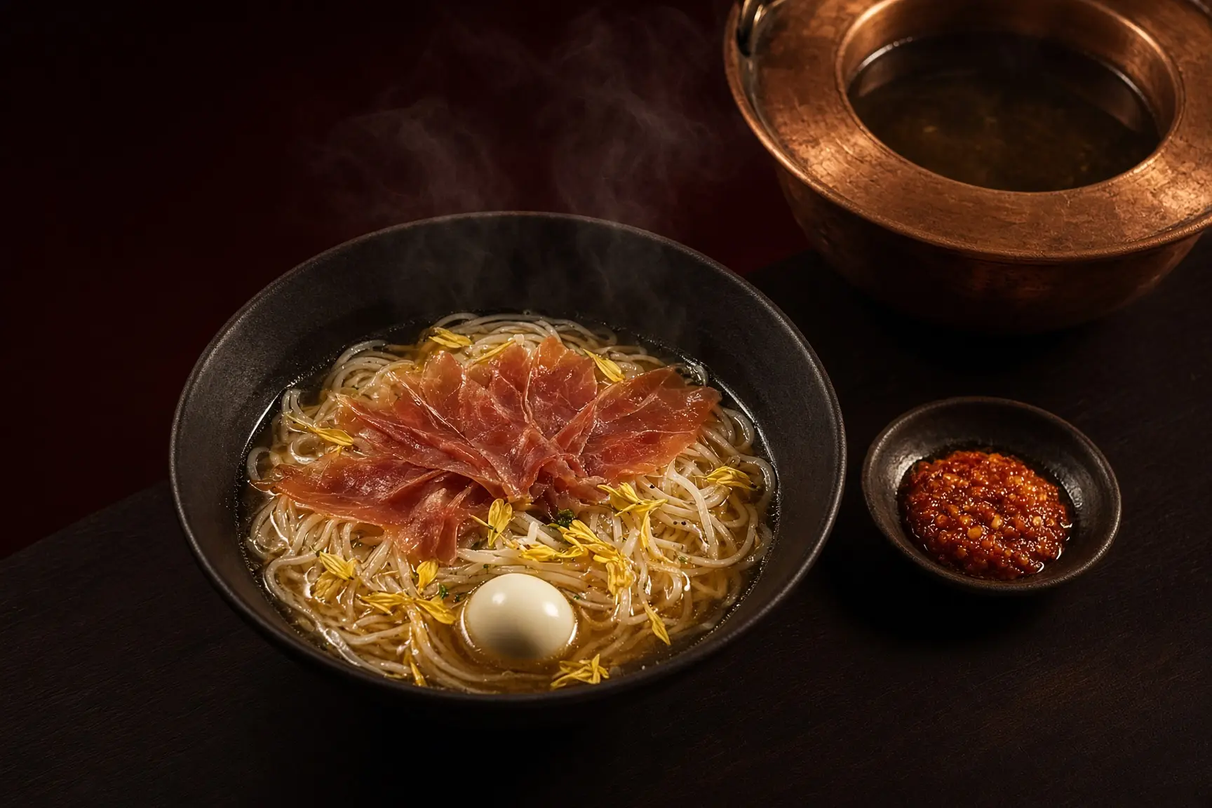 Crossing-bridge noodles, broth being poured over rice noodles and quail egg, steam rising.