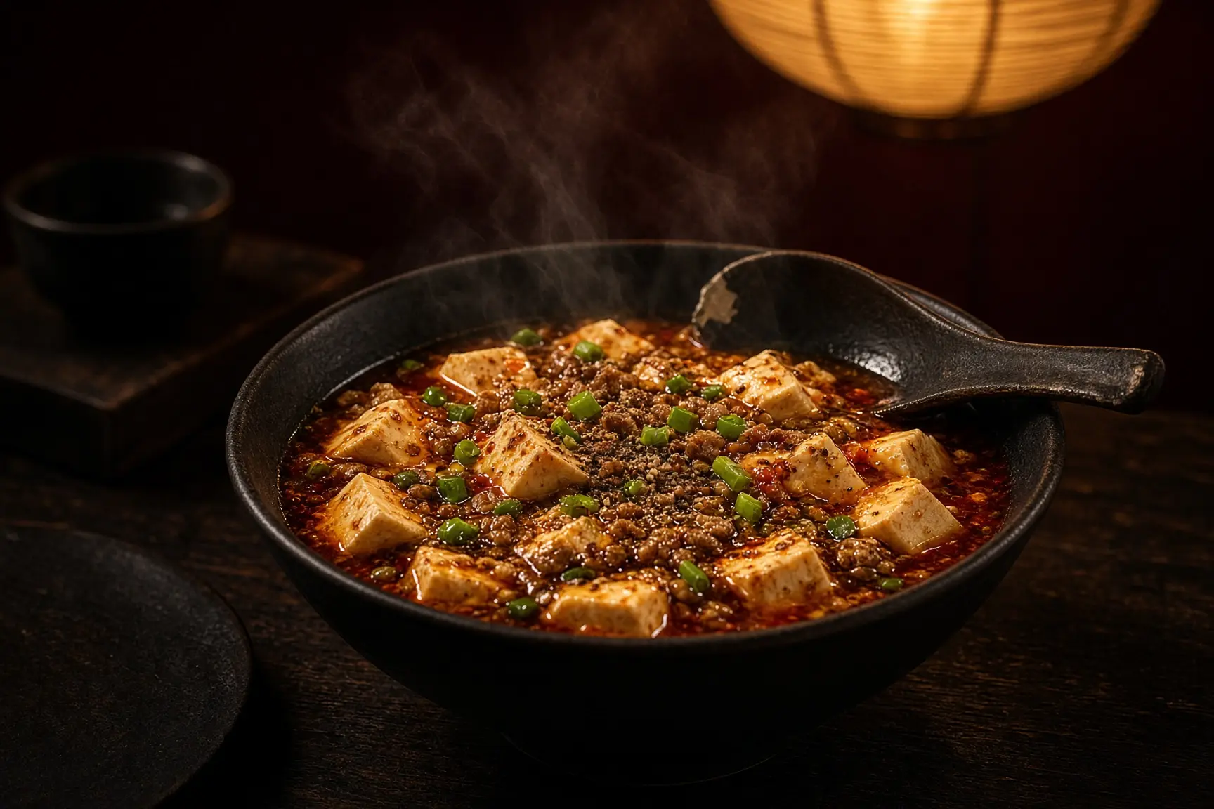 Mapo tofu in a dark bowl, three-quarter view.