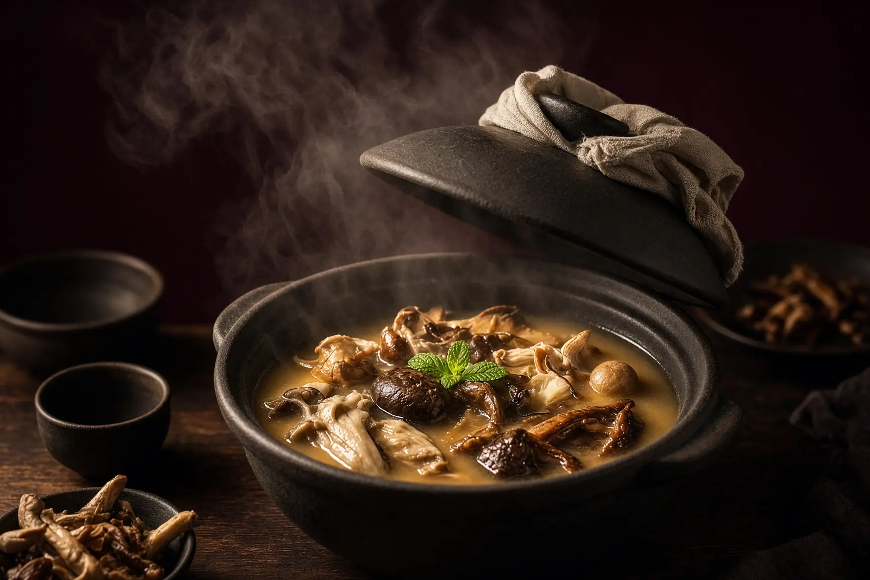 Claypot lid lifted, steam visible over mushrooms.