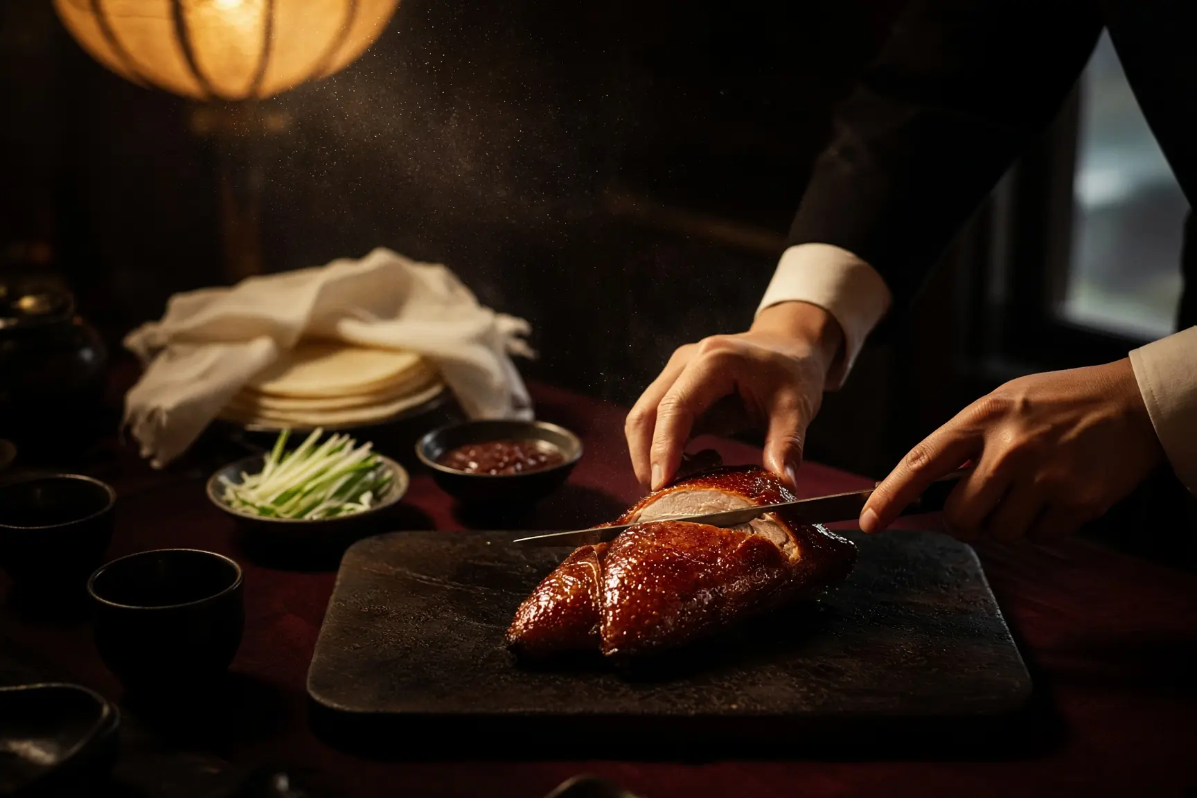 Peking duck being carved at the table, with pancakes and scallion behind.