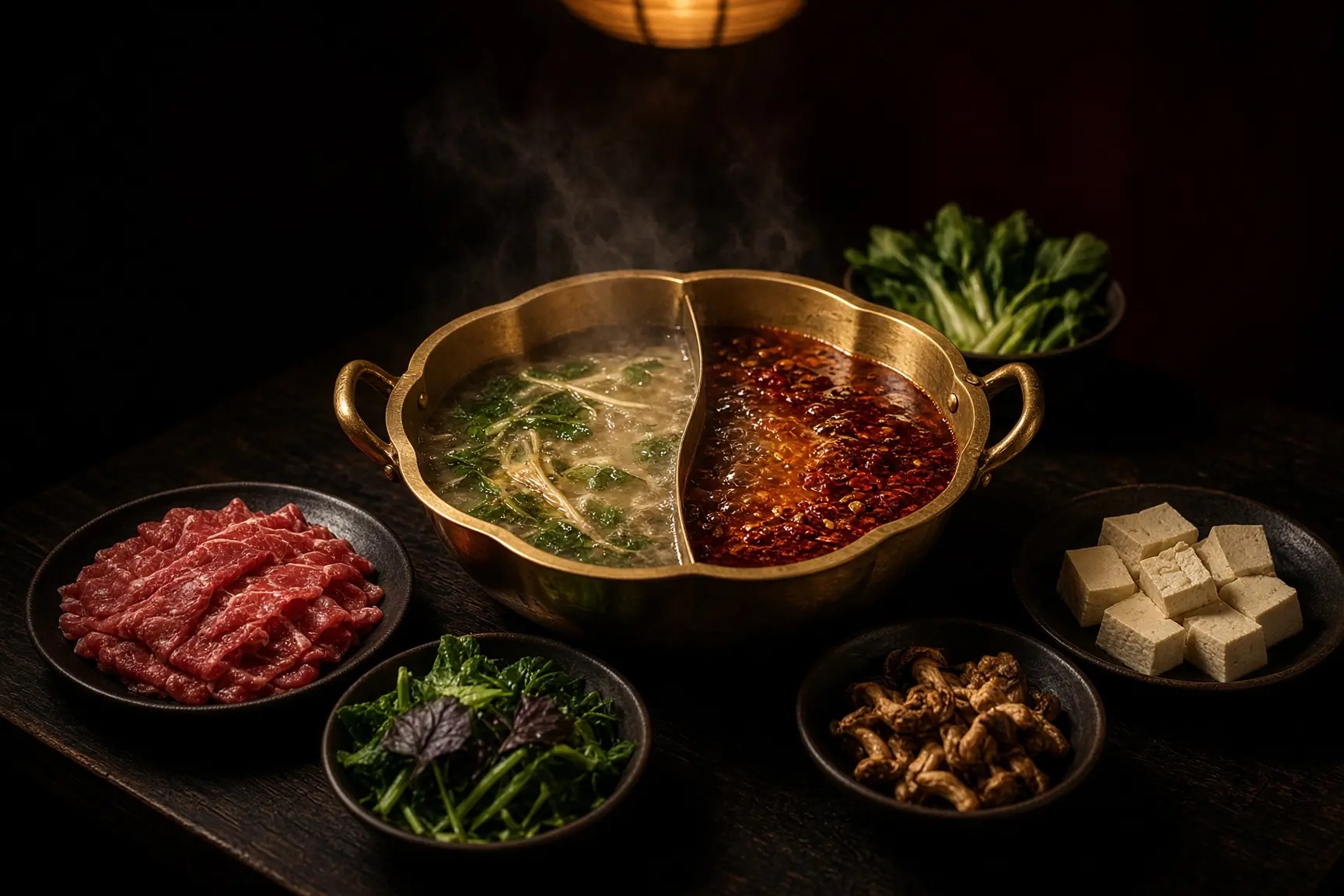 Split hot pot at a laid table, plates of raw ingredients.