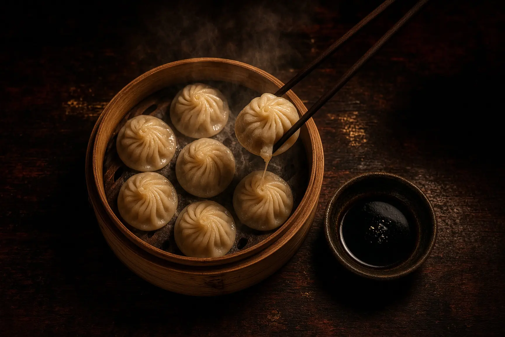 Soup dumplings in a bamboo steamer, overhead view.