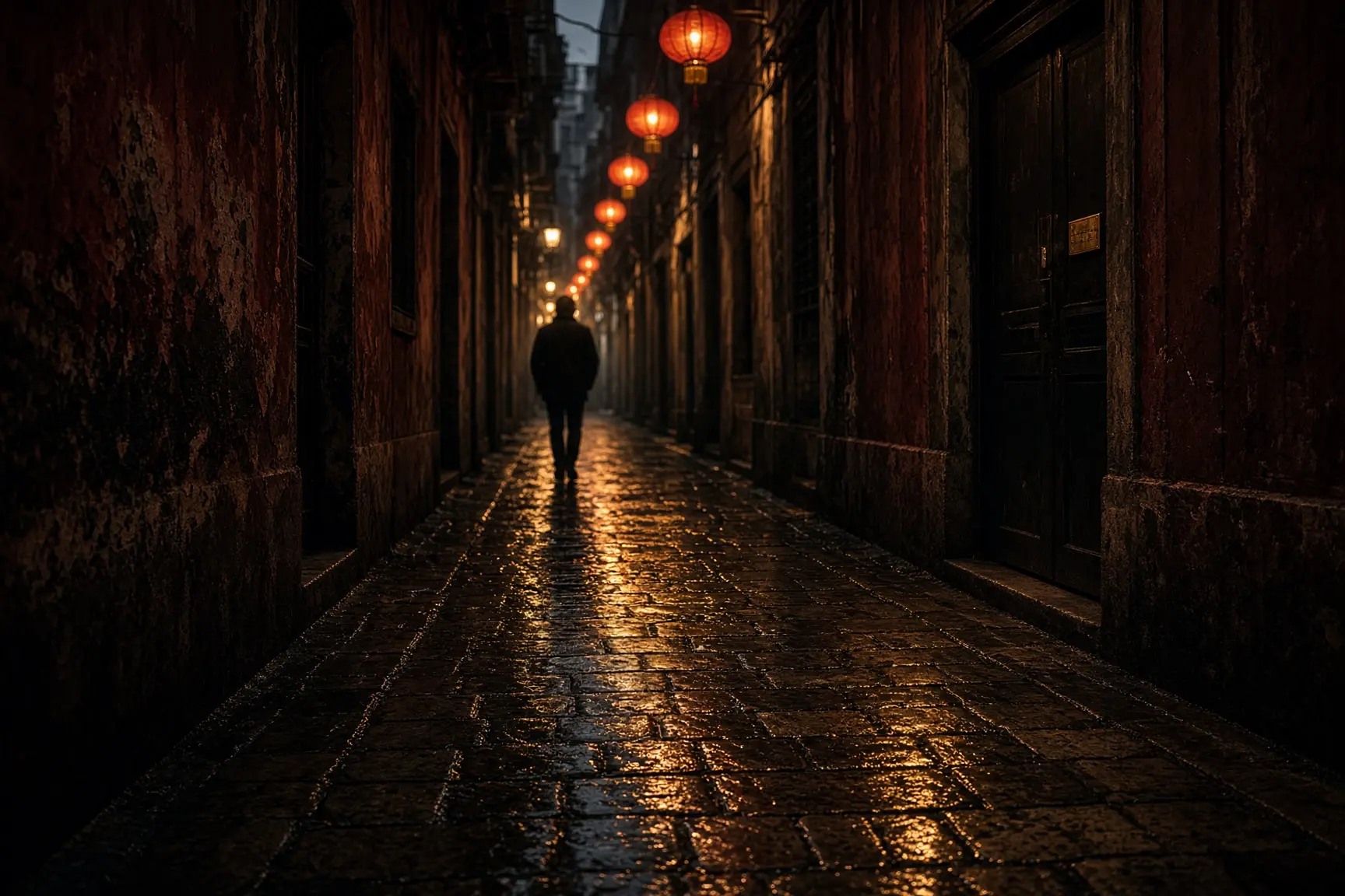 An illustrative lantern-hung lane in Macau's old town.