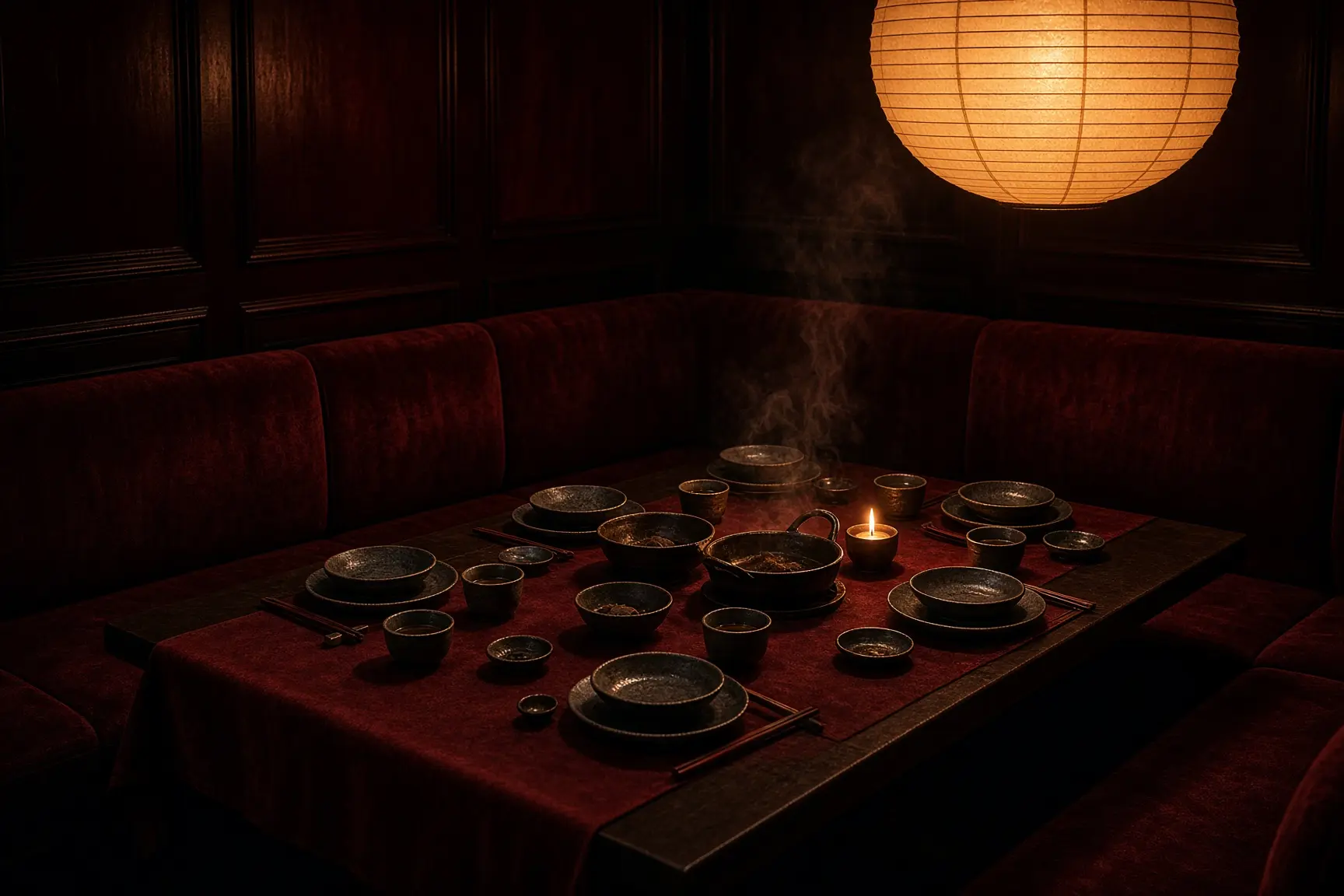 A corner of the fictional dining room laid for six.
