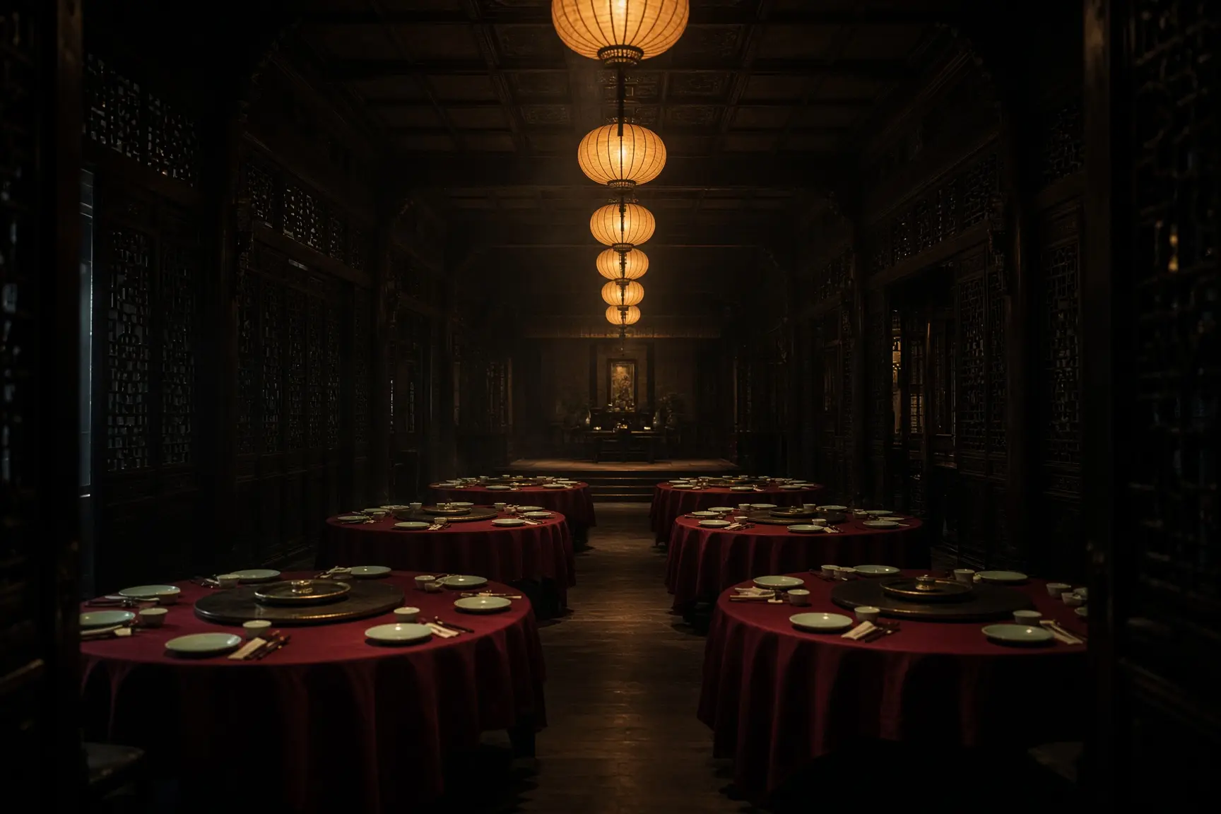 A lantern-lit dining room arranged for a group meal.