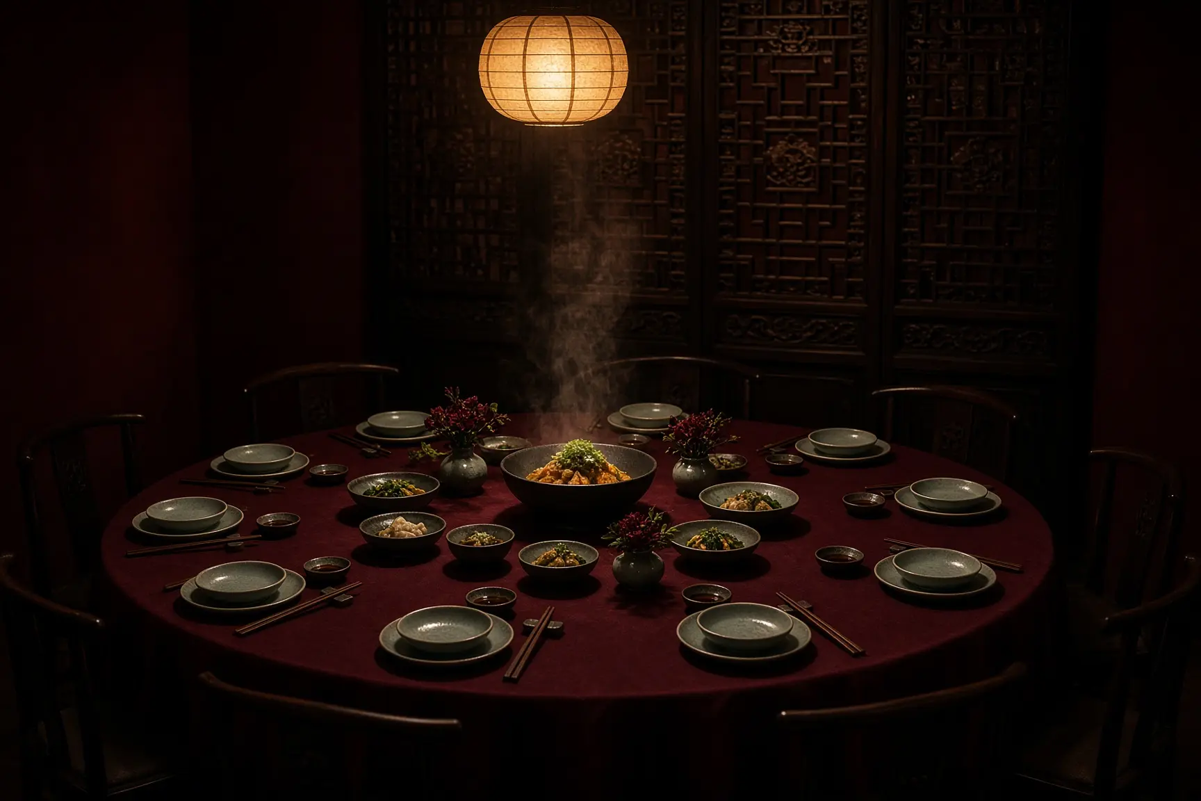 Private dining room with a round table and carved screen.