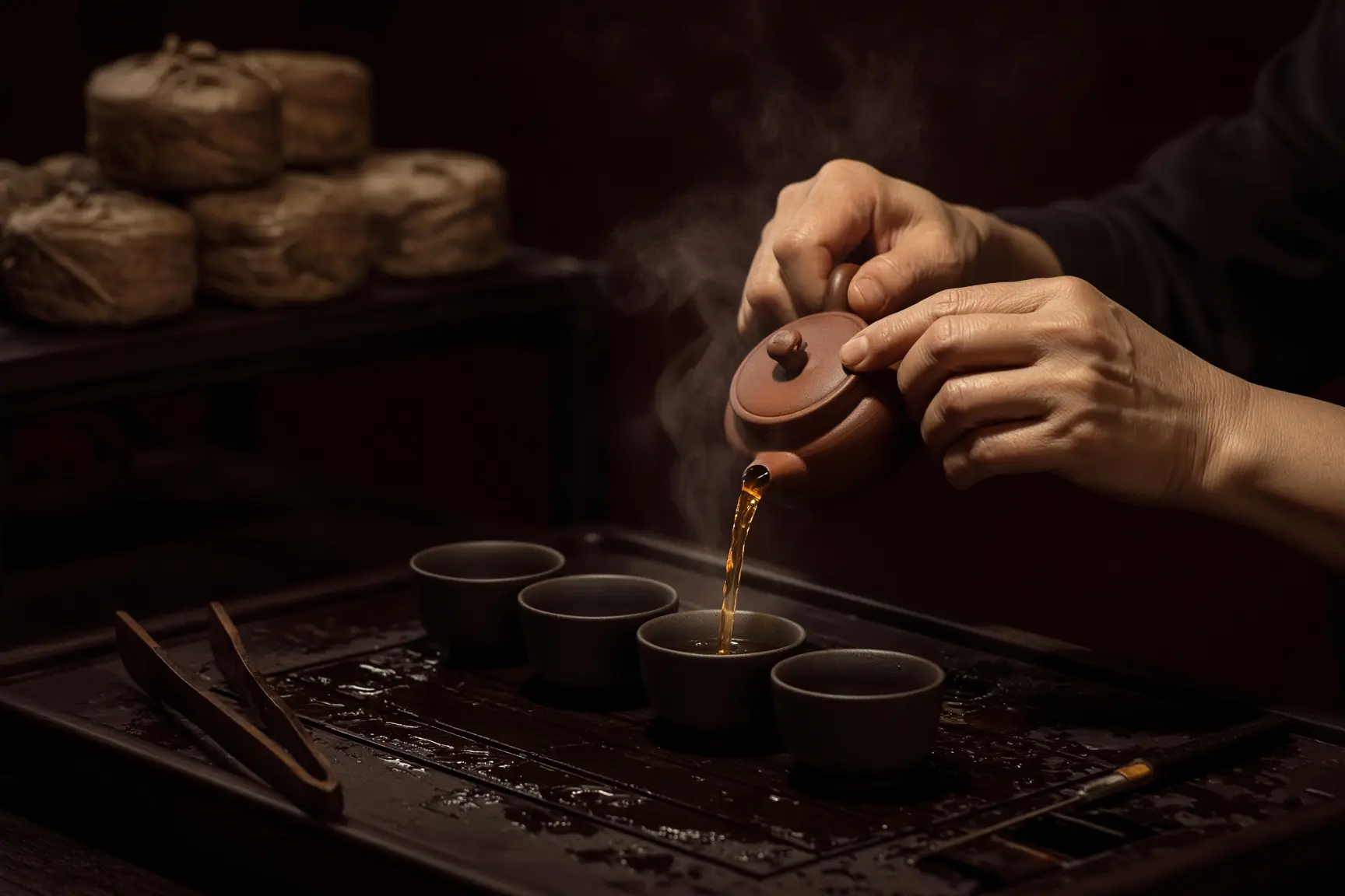 Tea being poured into a small cup at the table.