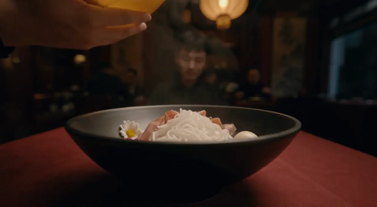 Broth poured over rice noodles at the table.